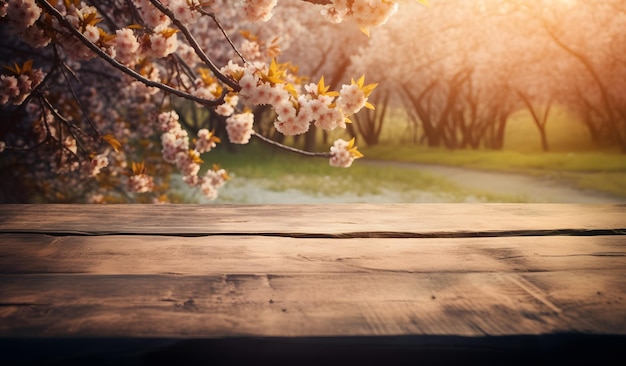 Table en bois devant un cerisier en fleurs au printemps