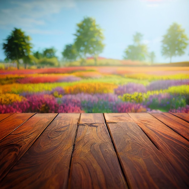 Table en bois devant le champ de fleurs illustration 3D La table est faite de bois altéré