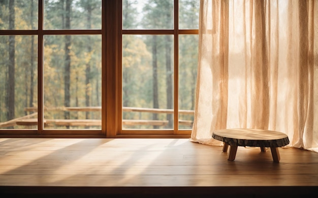 Table en bois devant une fenêtre avec un rideau et une vue sur la forêt Photo de haute qualité