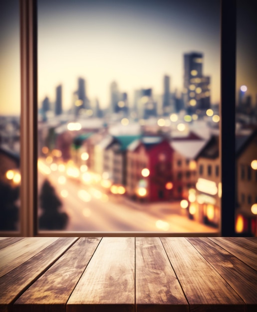 Table en bois devant la fenêtre avec vue sur la ville Generative AI