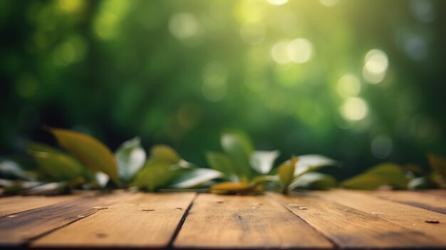 Table en bois devant des feuilles vertes floues Image AI générative