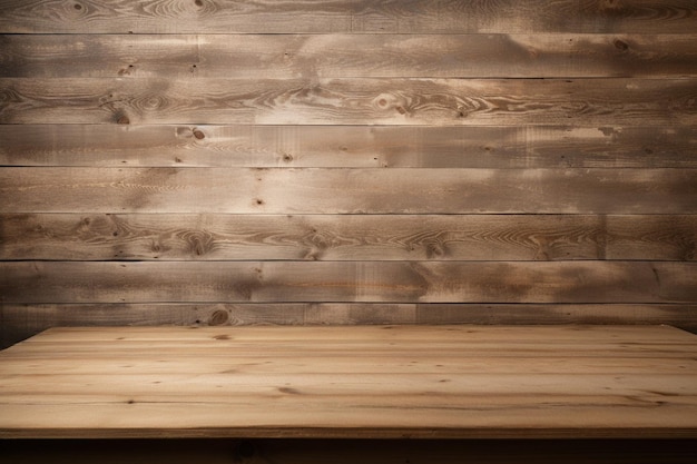 Table en bois devant le fond flou du mur en bois