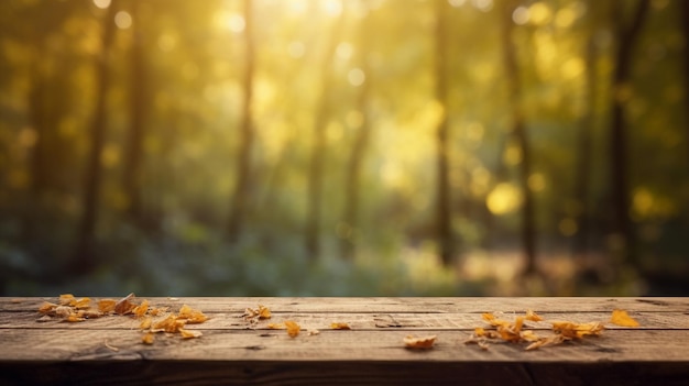 Table en bois devant la forêt d'automne floue Image IA générative