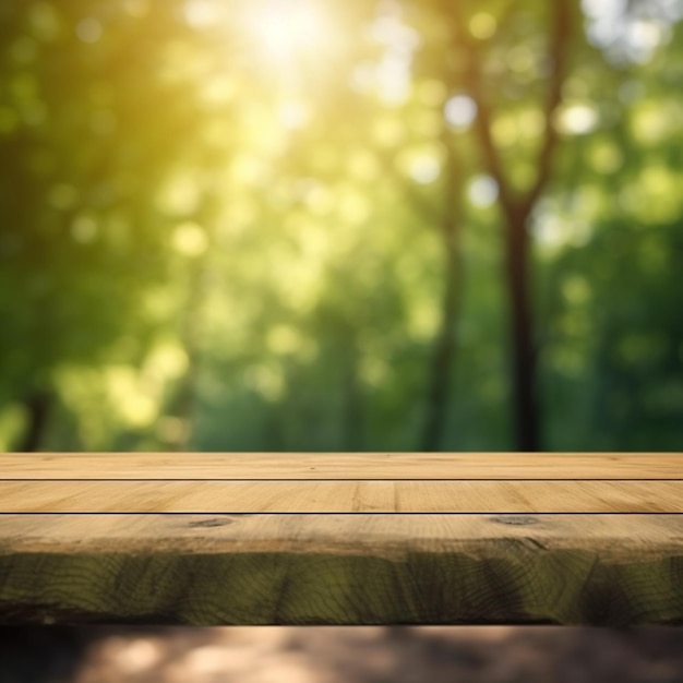 Une table en bois devant une forêt avec fond de lumière du soleil