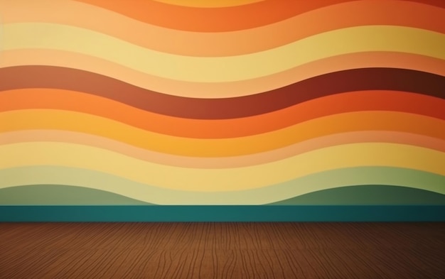 Une table en bois devant un mur coloré avec un motif de lignes ondulées.