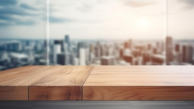 Une table en bois devant un paysage urbain