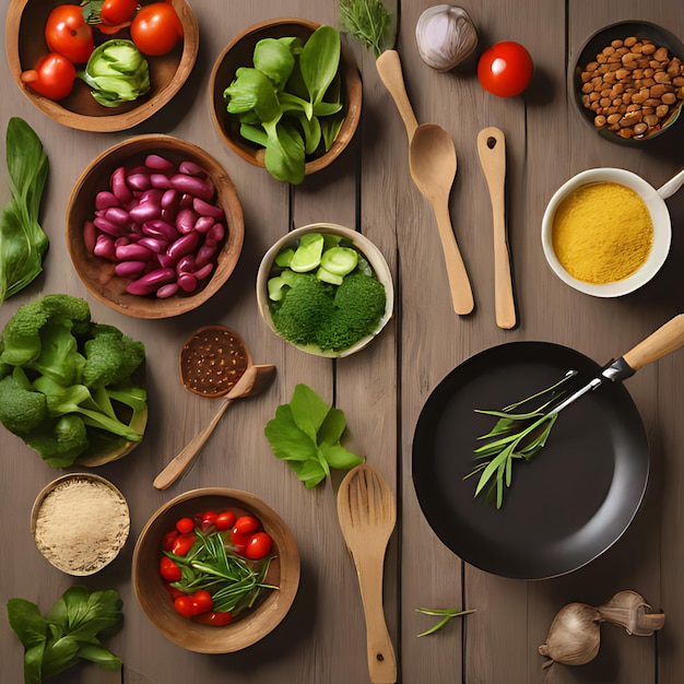 une table en bois avec divers ingrédients, y compris des légumes et des épices