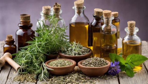 Une table en bois avec diverses herbes et huiles