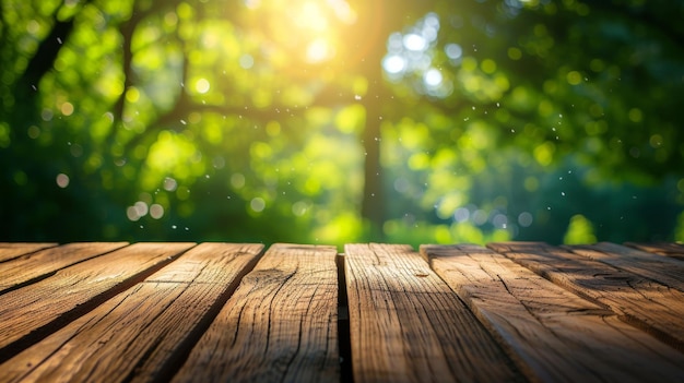 Une table en bois éclairée par le soleil surplombant un paysage forestier sombre et brumeux.