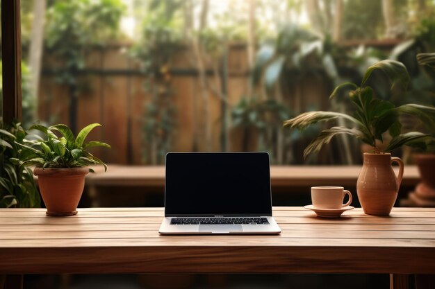 Table en bois avec écran d'ordinateur portable blanc et une tasse de café