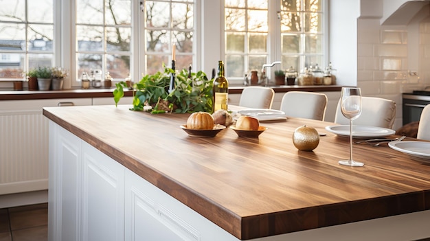 Une table en bois élégante dans une cuisine moderne Un arrière-plan propre et de belles lumières Bokeh