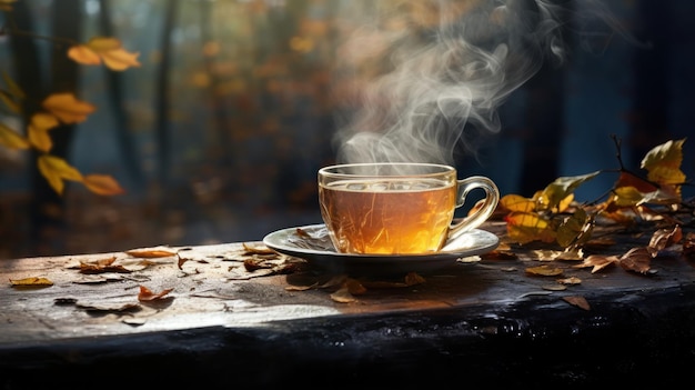 Une table en bois entourée de feuilles mortes présente de la vapeur s'élevant d'une tasse de thé