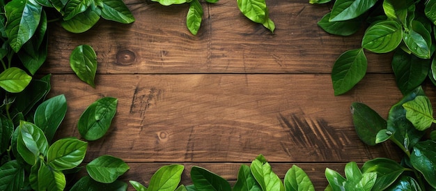 Table en bois entourée de feuilles vertes de printemps agissant comme une bordure avec un espace vide pour le texte