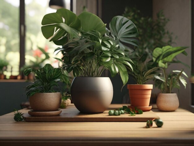 Une table en bois entourée de plantes en pot