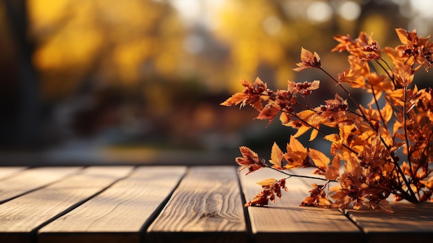 Une table en bois érodée se dresse sur un fond d'automne carmineux et doré brumeux Une table de bois usée par le temps est silhouettée sur un paysage automnale brumeux de vermillon et de feuilles jaunes