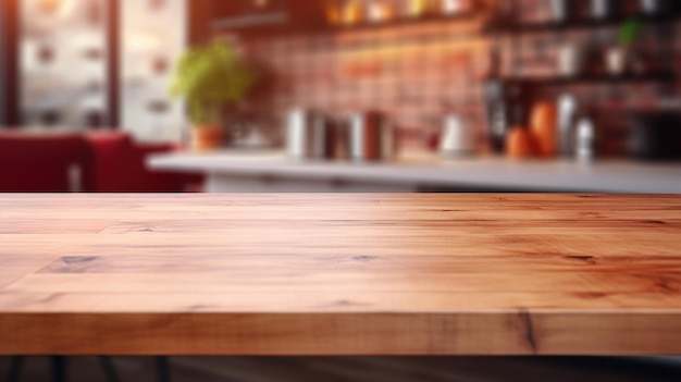 Table en bois sur un espace de copie de fond de cuisine flou