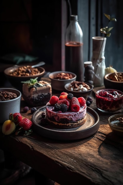 Sur une table en bois à l'extérieur c'est le printemps et la lumière se concentre sur un gâteau au fromage aux framboises