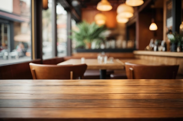 table en bois en face de l'arrière-plan du restaurant flou abstrait