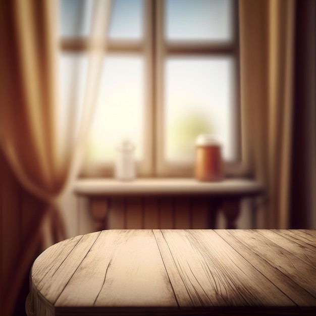 Table en bois sur fenêtre défocalisée avec rideau