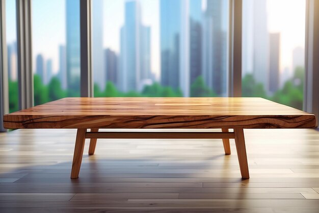 Table en bois sur une fenêtre en verre blanc flou à l'arrière-plan d'un immeuble de bureaux