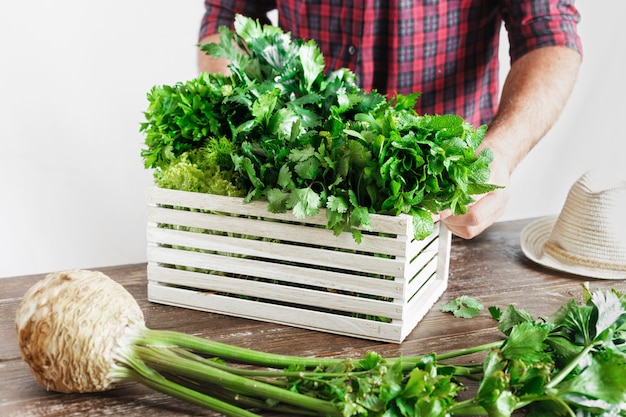 Table en bois de fermier fraîchement herbes boîte en bois Récolte