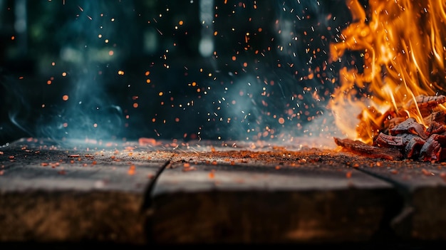 table en bois avec feu brûlant au bord de la table sur fond sombre pour AI Generative