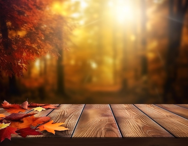 Une table en bois avec des feuilles d'automne dessus