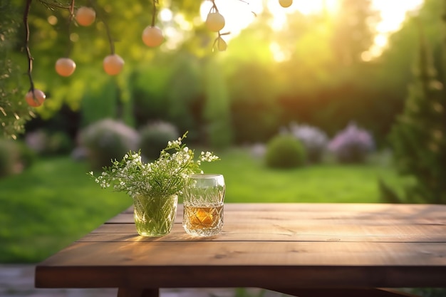 table en bois et feuilles contre un paysage défocalisé