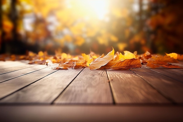 Table en bois avec des feuilles mortes en automne avec fond d'arbres de différentes couleurs d'automne