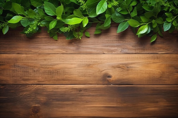 Table en bois avec des feuilles vertes et un fond en bois