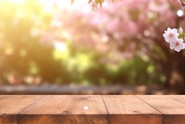 Table en bois avec fleur de cerisier en arrière-plan Generative Ai