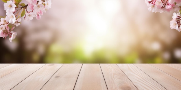 Table en bois avec une fleur de cerisier dessus