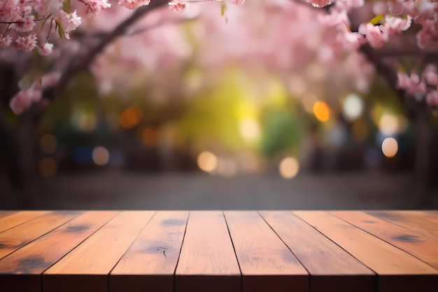 Une table en bois avec une fleur rose en arrière-plan