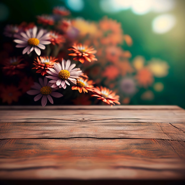 Une table en bois avec des fleurs en arrière-plan.