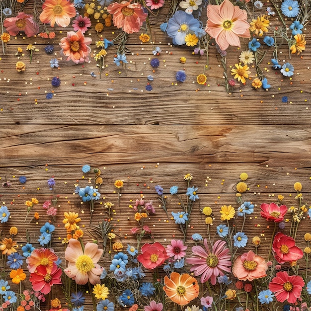 une table en bois avec des fleurs et un fond en bois avec une fleur dessus