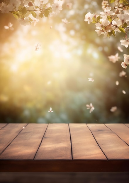 Table en bois avec des fleurs sur le fond de la saison printanière