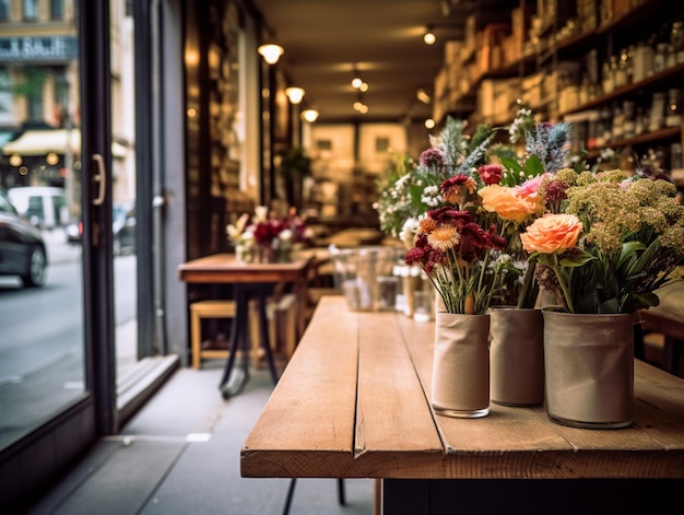 Une table en bois avec des fleurs en pots dessus