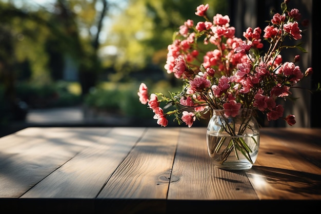 Une table en bois avec des fleurs de printemps et de l'herbe verte générative AI