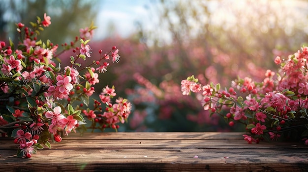 Table en bois avec des fleurs roses