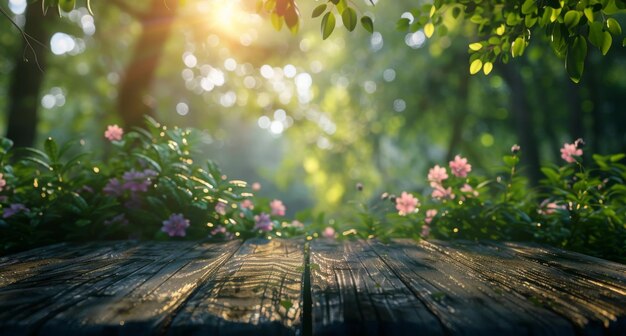 Une table en bois avec des fleurs et de la verdure