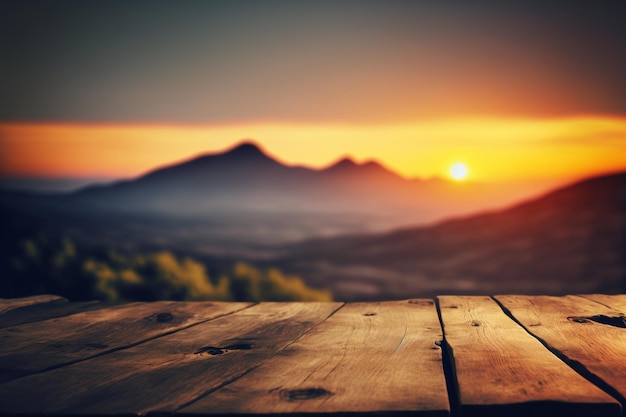 Table en bois et flou de beauté, ciel coucher de soleil et montagnes en arrière-plan