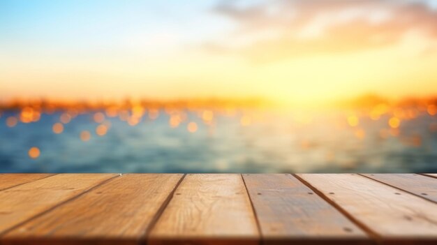 Table en bois avec flou bokeh lumière mer et ciel à la plage Été la saison la plus chaude Generative AI