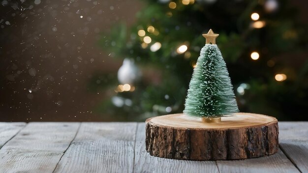 Table en bois floue avec un arrière-plan d'arbre de Noël bokeh avec des chutes de neige