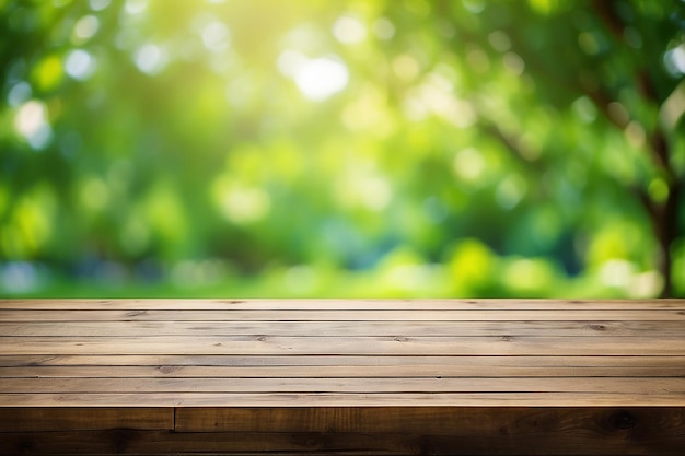Table en bois avec un fond abstrait de nature vert bokeh