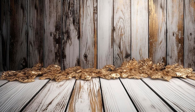 Une table en bois avec un fond blanc et un plancher en bois avec une feuille d'or dessus.