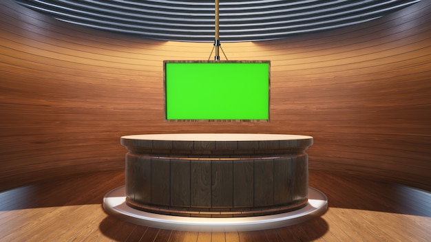 Table en bois avec fond en bois et écran vert dans l'illustration 3D du studio de presse