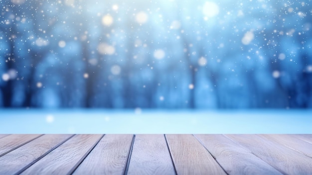 table en bois avec fond bokeh d'hiver