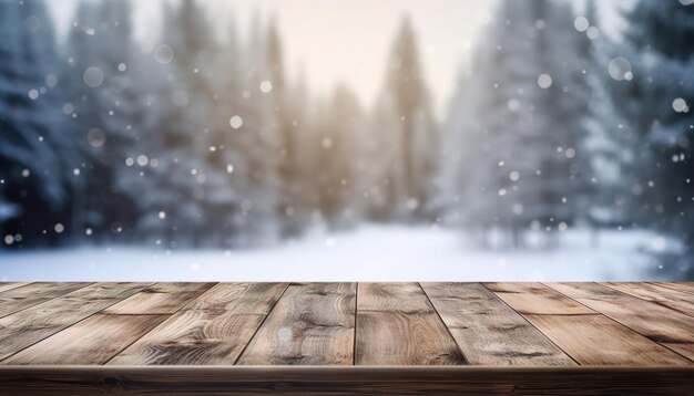 table en bois avec fond bokeh d'hiver