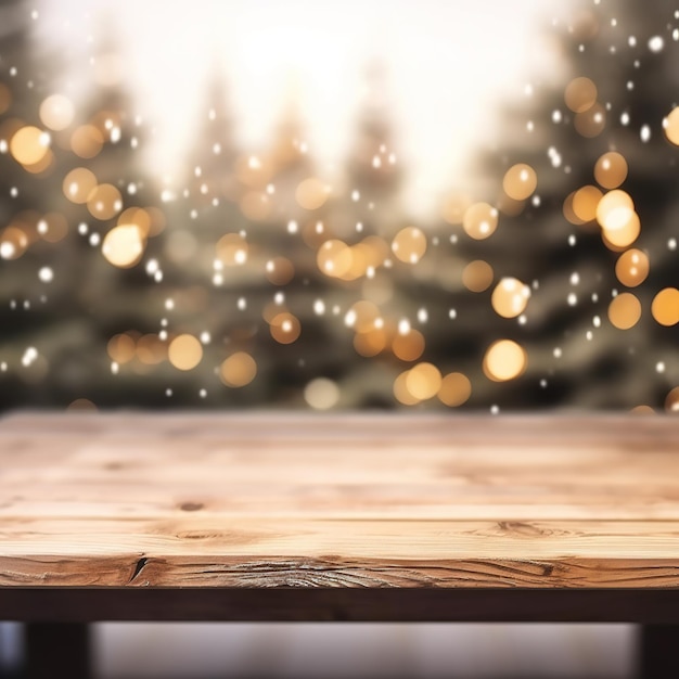 table en bois avec fond bokeh d'hiver