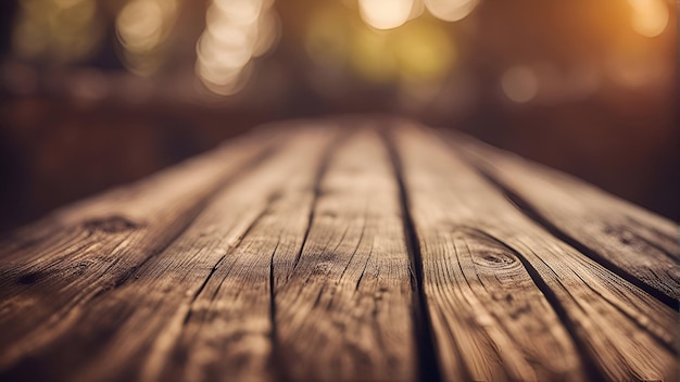 Table en bois avec un fond bokeh naturel